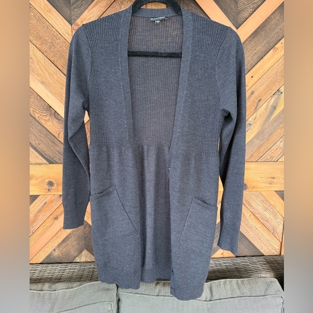 Eileen Fisher Deep Gray Lightweight Wool Cardigan XS